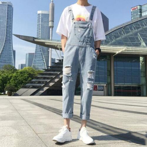 Jeans Men 2019 Summer Loose Korean Bib Mens Fashion Old Hole Denim Nine Points Suspenders Mens one-piece Overalls