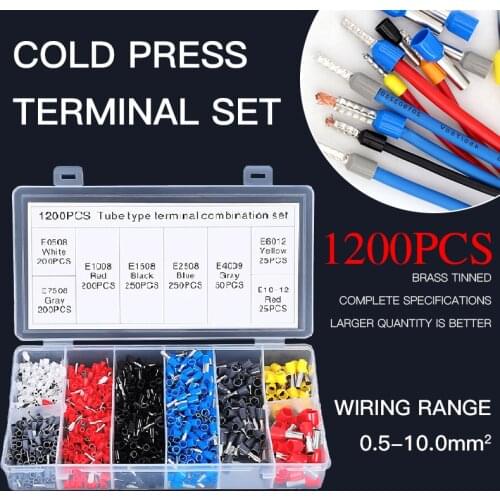 1200pcs Terminal Boxed Kit Used for 0.5-10mm2 Wire Cable Copper Tube Needle Type Insulated Ferrules Cold Pressing Connector Sets