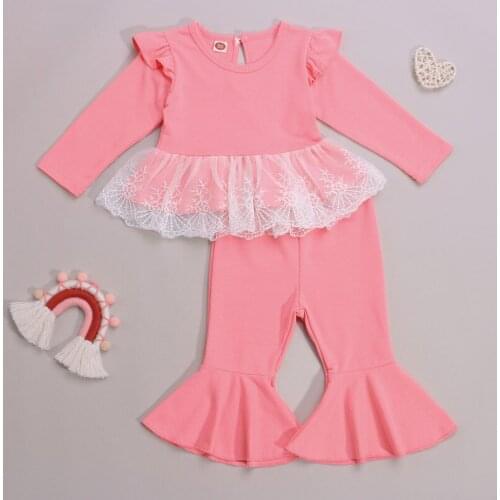 2 Pieces Kids Suit Set, Toddler Lace Trim Round Neck Long Sleeve Tops+ Solid Color Flared Trousers for Toddler Girls, 1-5 Years