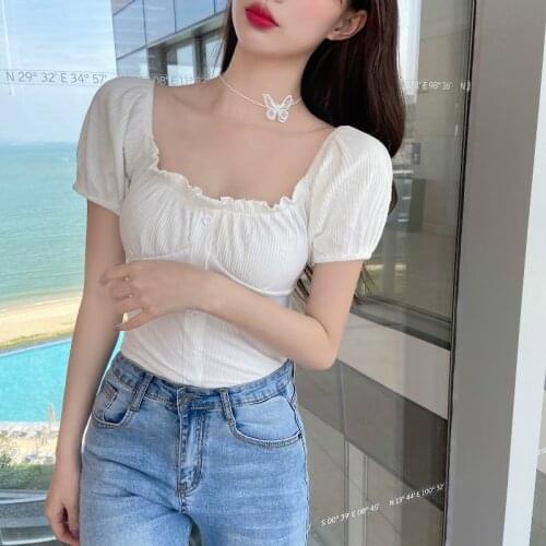 Summer Short Square collar Women T-shirt Short Sleeve Female Slim Solid Sexy Lady Tshirt Tops