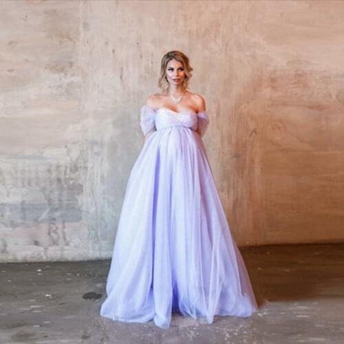 Sweet Off The Shoulder Lavender Tulle Preganty Women Dresses Pretty Ruffles Mesh Prom Gowns To Photography Bridal Night Dress