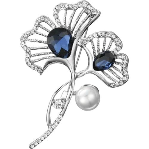 Fashion Blue Crystal Ginkgo Leaf Brooches For Women Fine Vintage Pearl Pin Gift Jewelry