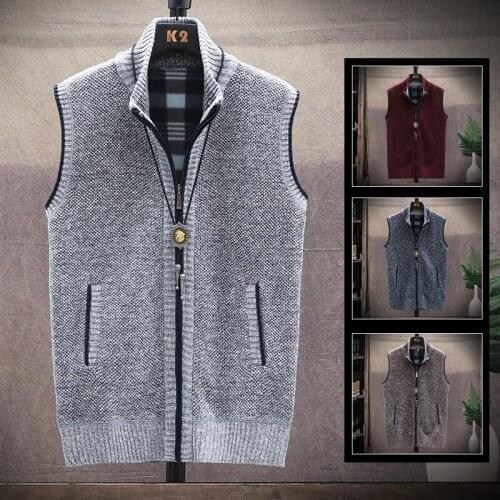 Spring/Fall Knitwear Mens Sleeveless Vest Jacket Winter Solid Color Warm Cashmere Wool Sweater Zippered Cardigan