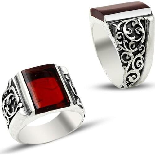 925 Sterling Silver Red Fire Amber Gemstone Men Ring Modern Ring Luxury Silver High Quality Fashionable Ring Handmade Men Ring