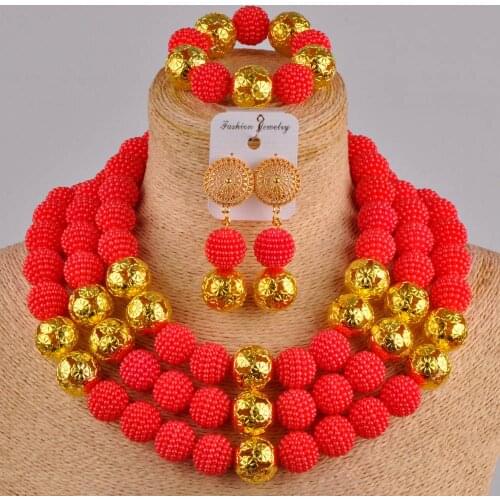 Red simulated pearl beads jewelry set nigerian wedding necklace african wedding beads for women FZZ21