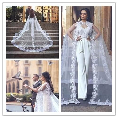 Women Veil Cape Tulle Lace Applique Wedding Capes Bridal Wraps Train Shawls Cloak wedding accessories white cape wedding bolero