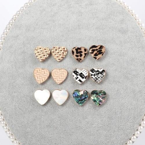 Popular Style Heart Pearls Shell Leopard Leather Snakeskin Abalone Shell Rattan Woven Button Stud Earrings For Women Jewelry