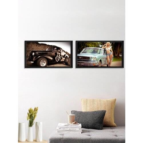 Sexy Model Girl With Retro-Car Landscape Car Musle Artwork Poster Decor Living Room Home Wall Stiker Art Silk