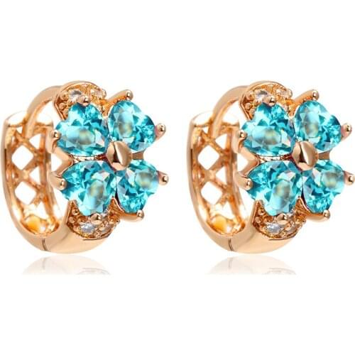 Lucky Four Leaf Clover Heart Cut Blue Crystal Gold Color Small Hoop Earrings For Girls Child Baby Kids Jewelry
