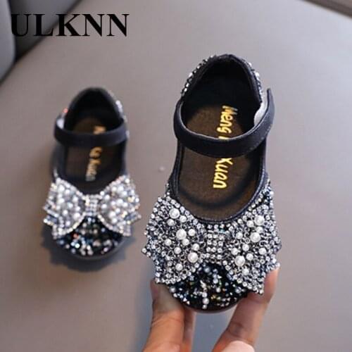 ULKNN Pink Glitter Shoes For Girls Silver Rhinestone Bowtie Doll Shoes For Children Elegant Kids Hook And Loop Leather Shoes