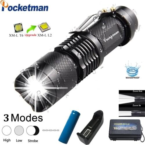 Waterproof Brightes Mini L2 LED Flashlight Q5 T6 LED Torch Adjustable Focus Zoom Flash Light Lamp Use 14500 or 18650 Battery