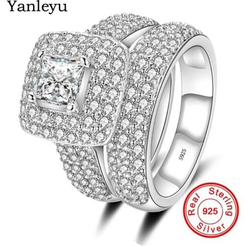 Yanleyu Luxury Vintage Jewelry 2pcs Wedding Bands Ring Set Real 925 Sterling Silver AAA Zircon Engagement Couple Rings PR160
