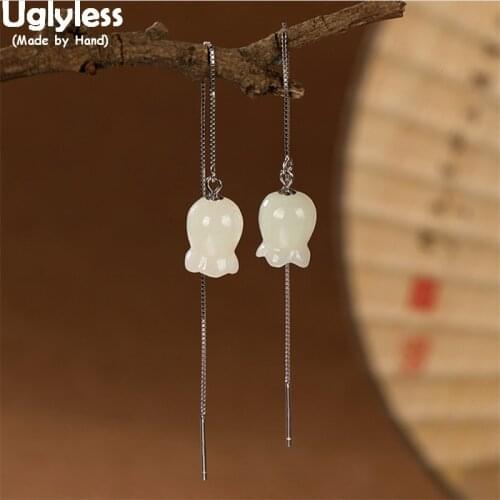 Uglyless Lily of the valley Flowers 11CM Long Ear Lines for Women Elegant Floral Earrings Hetian Jade Fashion Jewelry Gemstones