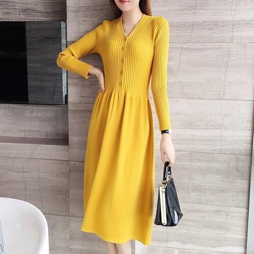 2021 New Long Sweater Dress Women Autumn Winter Long Sleeve A-line Bottom Dress Elegant Slim Female Jumper Female Knitted Dress