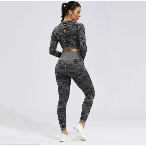 2PCS Camo Seamless Yoga Set Sportswear Women Fitness Clothing Booty Gym Leggings+Long Sleeve Crop Top Sport Suit Workout Clothes