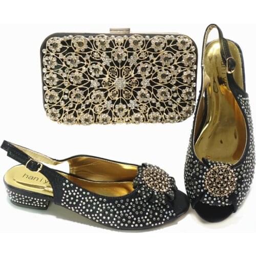 2021 Italian Design Newest Fashion Black Color Crystal Style Elegant Ladies Shoes and Bag Set Decorated With Rhinestone