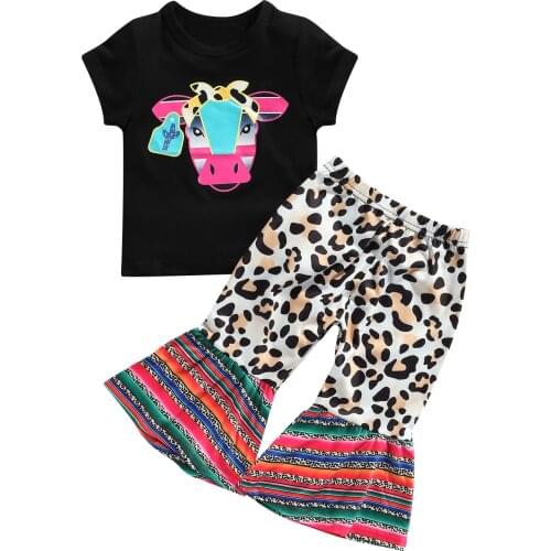2021 0-5Y Fashion Kids Baby Girl Clothes Set Cartoon Cow Short Sleeve T-shirt+Leopard Striped Print Flare Pants Summer 2pcs