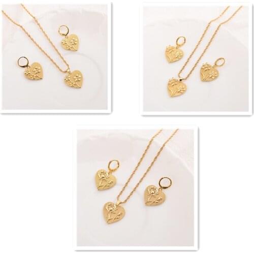 Bangrui New Arrivals Gold Heart Rose Flower Pendant Necklace Dangle Earrings Set Women Wedding Party Exquisite Jewelry Set