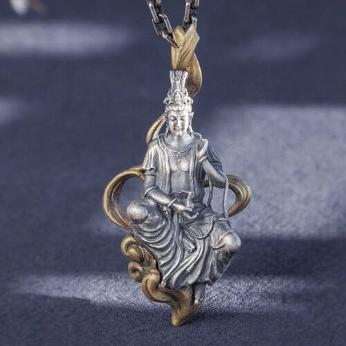 BOCAI New Real solid s999 pure silver handmade Avalokitesvara auspicious cloud peace pendant for men and women