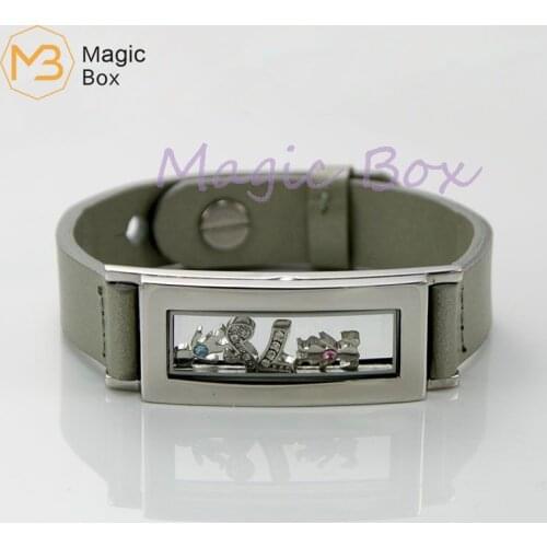 Black Leather Bracelet Men glass Bracelet floating charm medallion locket stainless steel Fashion ableLong Charm Bracelet Strap