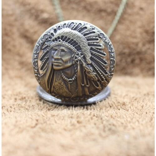 Retro Antique Indian Old Man Portrait Design Face Quartz Pocket Watch Normal Necklace Chain Watches Male Clock Best Gifts