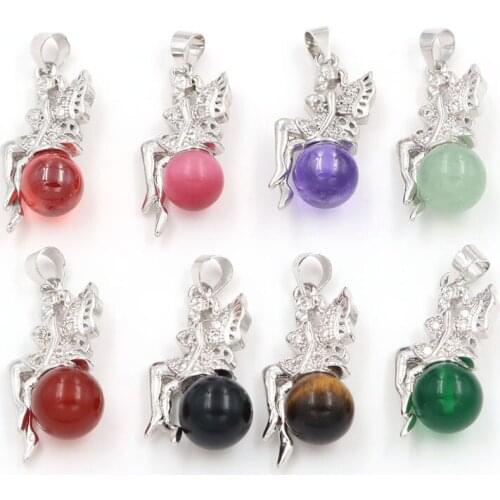 FYJS Unique Silver Plated Fairy with Tiger Eye Stone Round Bead Pendant Black Agates Jewelry for Girl Gift