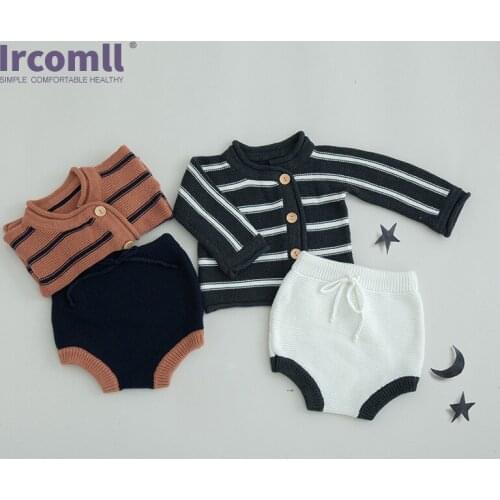 Ircomll 2020 Spring&Autumn Soft Girl Clothes Sets Cotton Stripe Knitting Cardigan Sweater Coat + Short 2 PCS Toddler Clothes