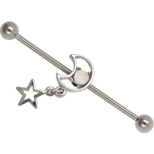 JHJT 14G/1.6mm Cartilage Industria Barbell Nail 316L Surgical Stainless Steel Star Moon Cartilage Ear Ring Piercing Body Jewelry
