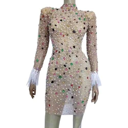 Sparkly Colorful Rhinestones Fether Sleeves Short Dress Fashion Prom Gown Evening Sexy See Through Crystals Birthday Party Dress