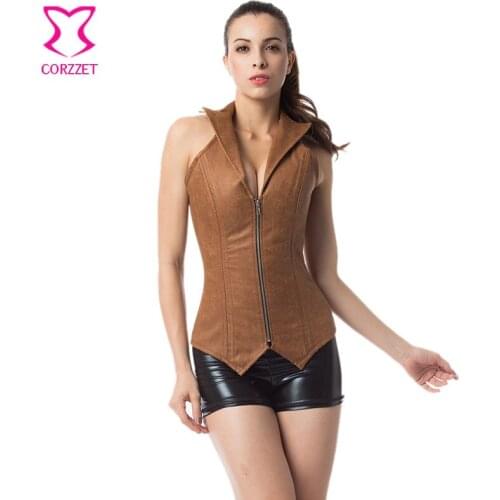 Brown Leather Overbust Halter Collar Plus Size Corset Top Steel Boned Waist Slimming Corsets and Bustiers Steampunk Clothing
