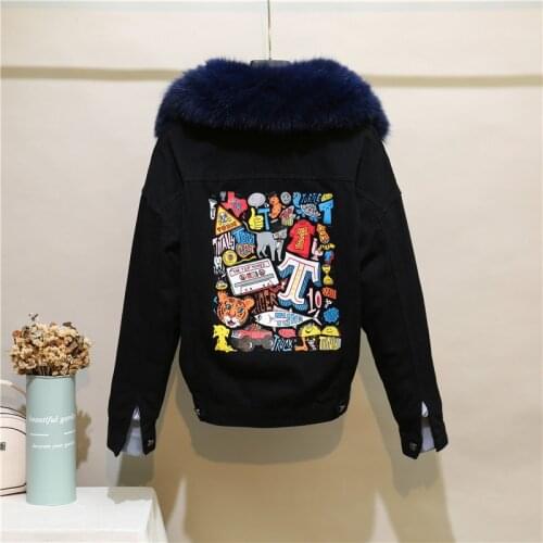 Winter New Korean Plus Velvet Fox Fur Collar Parkas Female Loose Fashion Cartoon Printed Denim Jacket Single Breasted Outerwear
