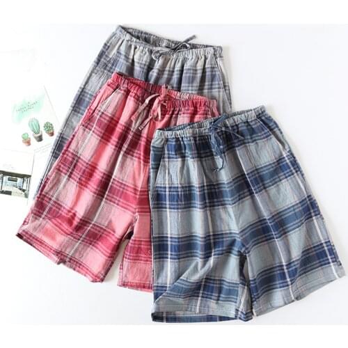 Summer Men Sleep Bottoms Thin Cotton Gauze Sleep Shorts Plaid Household Shorts Loose Soft Lounge Wear Plus Size Pajama Shorts