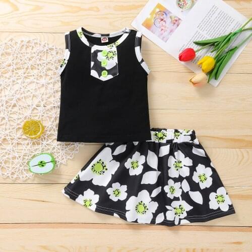 2021-04-27 Lioraitiin 2 Pcs 1-5Years Toddler Baby Girl Summer Outfits Color Block Round Neck Button Tank Top Flower Print Skirt