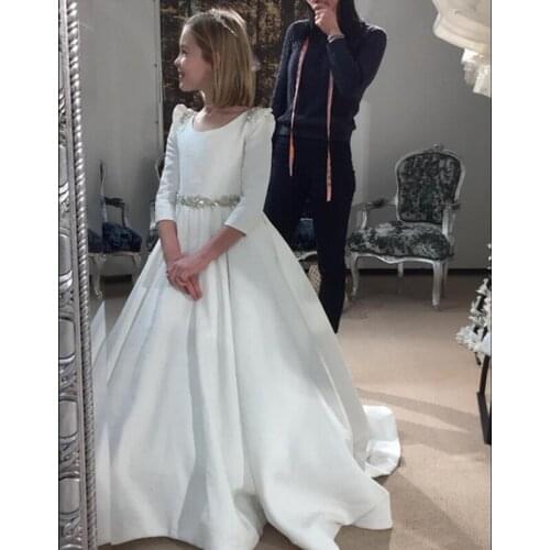 Fashion Flower Girl Dresses White satin Flower Beaded belt Dresses For Wedding Party First Communion Dresses