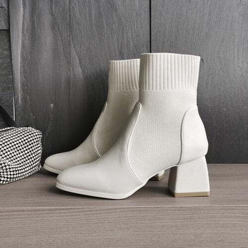 2021 Autumn Winter new Women Boots Knit Elastic Socks Boots Square Toe Chunky Heel Boots Fashion Ankle Chelsea Boots black boots