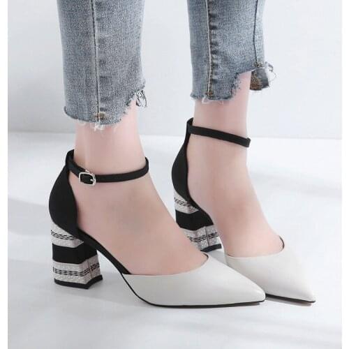 Spring new leather Baotou color matching high-heel pointed toe shoes Fashion all-match banquet dress thick-heeled womens sandal