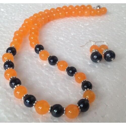 New Style Hot sale***7-8MM Natural Black Akoya Cultured Pearl/Orange jade necklace earrings set Fashion Wedding Party Jewellery