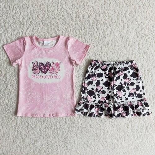 Wholesale Kids Short Sleeve Outfit Baby Girl Pink Top And Ruffle Shorts Set Toddlers Cute Pig Pattern Clothes