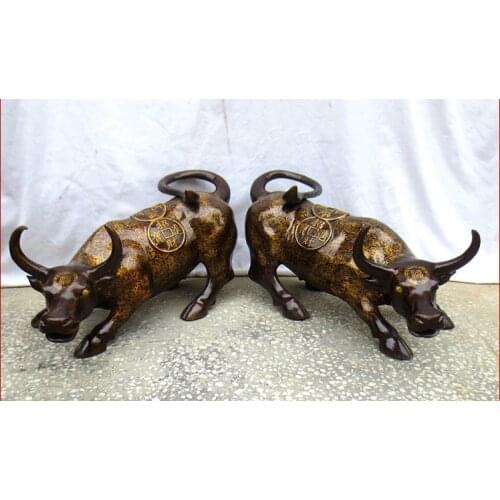 A pair- 2021 office SHOP company Money Drawing GOOD LUCK FU Mascot # Asia Equity Stock market cattle FENG SHUI Brass statue