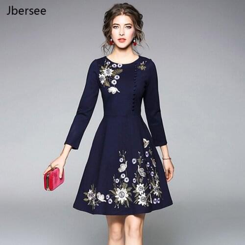 Jbersee Spring Autumn Women Dress Elegant Embroidery Cotton O-neck Seven Sleeves Casual Party Slim Floral A-Line Dress Vestidos