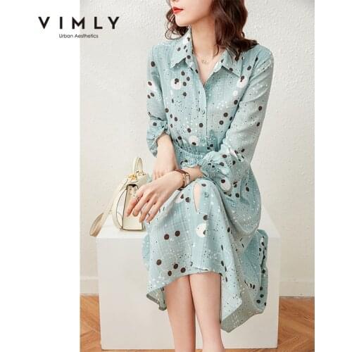 VIMLY Summer Dress For Women Fashion Dot Maxi Dresses Elegant Button up Shirt Dress High Waist Elastic Female Vestidos F6711