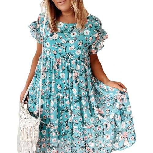 Dress Floral Round Neck Nylon Loose A-Line Dress for Beach