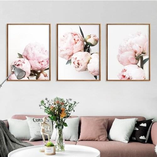 Simple Pink Peony Triptych Canvas Painting Small Fresh Plant Flower Poster Living Room Sofa Background Wall Pictures Home Decor