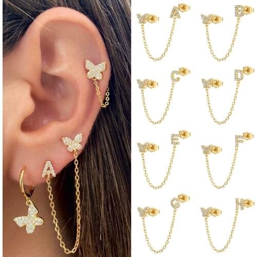 CRMYA 1 Piece Gold Silver Color A-Z Letter Butterfly Connected Initial Chain Stud Earrings Pave Zircon Earring Fashion Jewelry