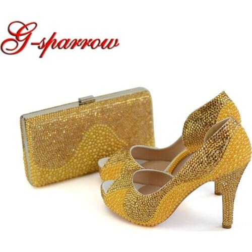 Peep Toe Gold Pearl Rhinestone Bridal Dress Shoes and Clutch Platform 4 Inches High Heel Wedding Party Shoes with Matching Bag