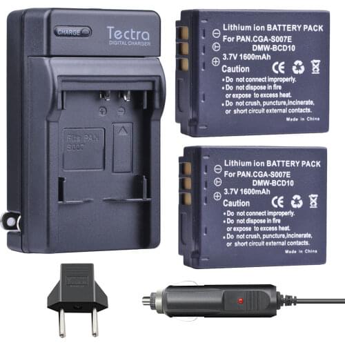 Tectra 1600mAh 2pcs CGA-S007 CGA-S007E DMW-BCD10 CGAS007 Battery+Car Charger for PANASONIC Lumix DMC TZ1 TZ2 TZ3 TZ4 TZ5 Battery