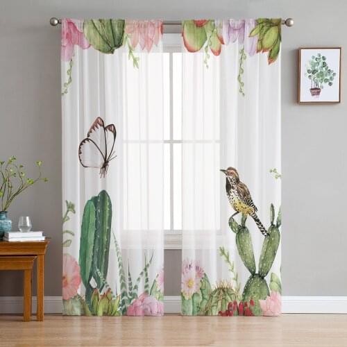 Bird Flower Succulent Butterfly White Voile Tulle Sheer Curtains for Bedroom Living Room Kitchen Decor Chiffon Windows Curtain