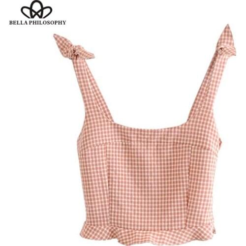 HStar women sweet bow tie plaid blouses ruffled sleeveless backless shirts ladies summer casual cute tops blusas