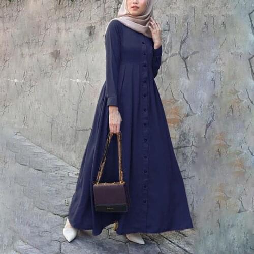 Women Muslim Dubai Abaya Turkey Hijab Dress Turkey Autumn Long Sleeve Buttons Down Sundress Islam Clothing Abayas Maxi Vestidos