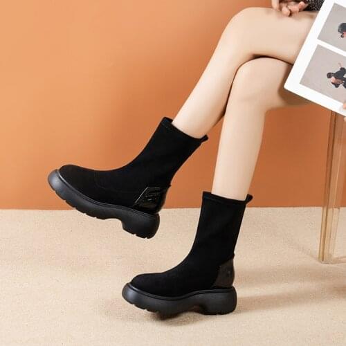 Women Sock Boots Autumn Platform Gothic Shoes Short Boots 2021 Fashion Women High Heel Black Flock Ankle Boots